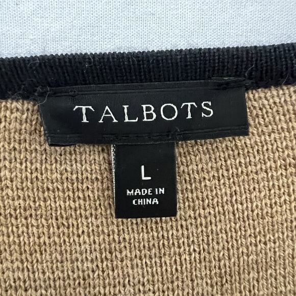 Talbots Merino Blend Colorblock Sweater Jacket Large Tan Black Open Front - Picture 6 of 10